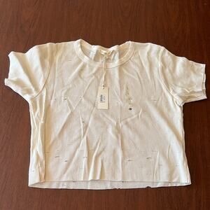 Gilded Intent Distressed Short Sleeve Top White Cream Large